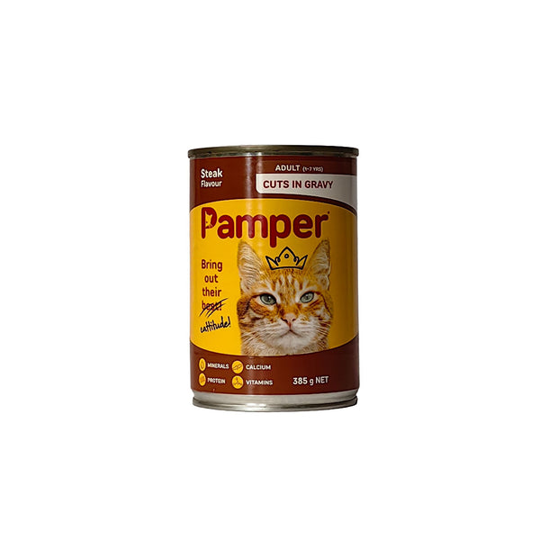 PAMPER TINS STEAK IN GRAVY 385G